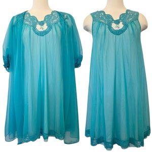 Vintage Vanity Fair Teal Chiffon Matching Peignoir Babydoll 2PC Set Robe Slip